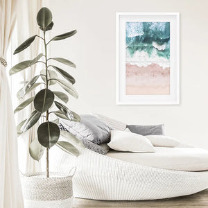 Aerial Coastal Ocean Wall Decor. Pink Beach, Blue Waves