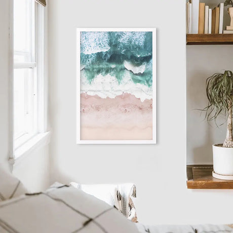 Aerial Coastal Ocean Wall Decor. Pink Beach, Blue Waves