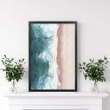 Ocean Aerial Print. Neutral Pink Beach, Blue Waves