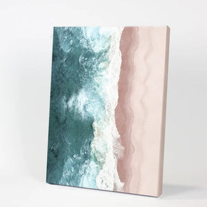 Ocean Aerial Print. Neutral Pink Beach, Blue Waves
