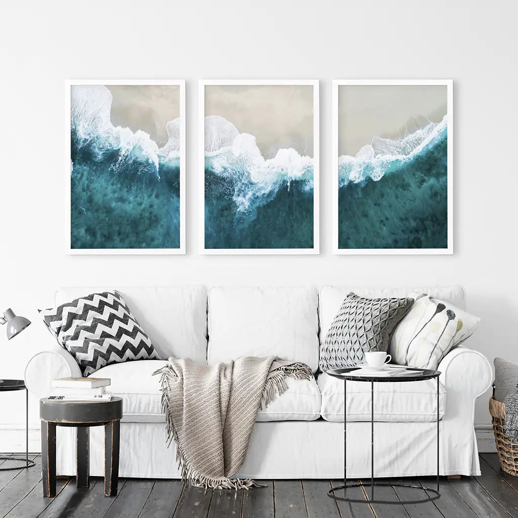 Turquoise Wave on the Sandy Beach Prints. Aerial Photography