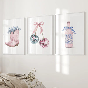 Cherries Disco Ball Preppy Pink Wall Art Prints