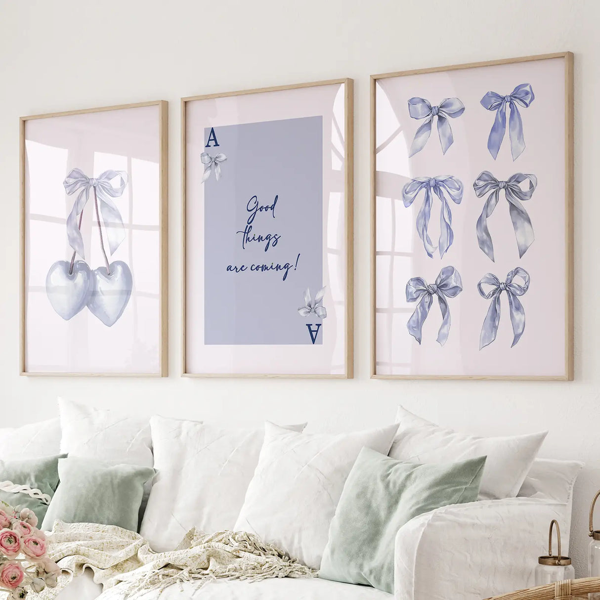 Trendy Blue Bows Preppy Poster Girly Decor Art Set