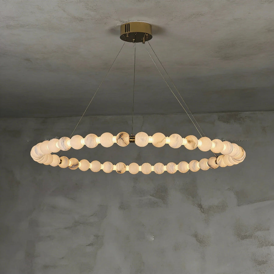 Alabaster Ring Chandelier – Gold Beaded LED Luxury Ceiling Light