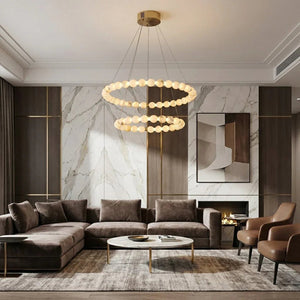 Alabaster Ring Chandelier – Gold Beaded LED Luxury Ceiling Light