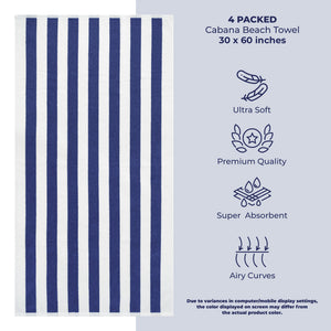 American Soft Linen, Premium Cotton 4 Pack Beach Towels, 30" x 60" Cabana Striped Pool Towels