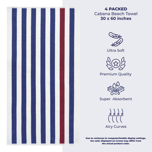 American Soft Linen, Premium Cotton 4 Pack Beach Towels, 30" x 60" Cabana Striped Pool Towels