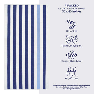 American Soft Linen, Premium Cotton 4 Pack Beach Towels, 30" x 60" Cabana Striped Pool Towels