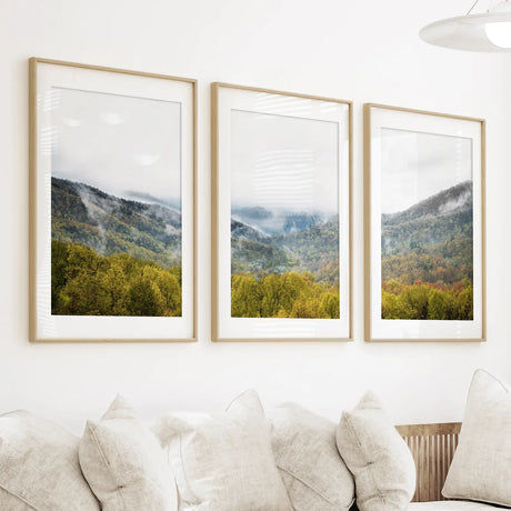Foggy Mountains and Green Forest. Photo Triptych
