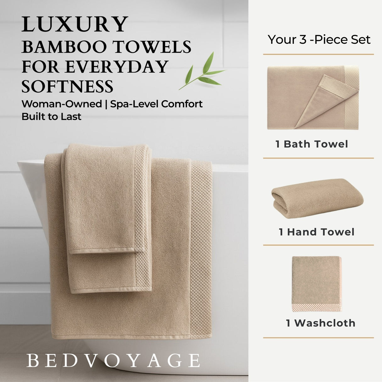 Bamboo Cotton Towel Set - Viscose from Bamboo + Cotton - 3pc - Champagne