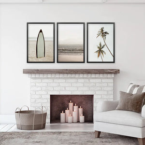 Beige Tones Coastal Wall Art. Surfboard, Ocean Beach, Palm