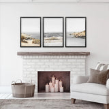 3 Piece Beige Ocean Beach Decor. Gray Waves with Rocks Wall Art