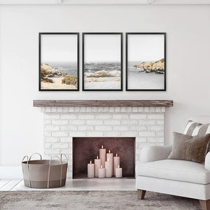 3 Piece Beige Ocean Beach Decor. Gray Waves with Rocks Wall Art