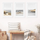 3 Piece Beige Ocean Beach Decor. Gray Waves with Rocks Wall Art