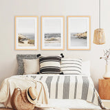3 Piece Beige Ocean Beach Decor. Gray Waves with Rocks Wall Art