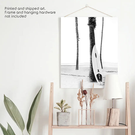 Black White Boho Summer Poster. Surfboard, Palm Trees