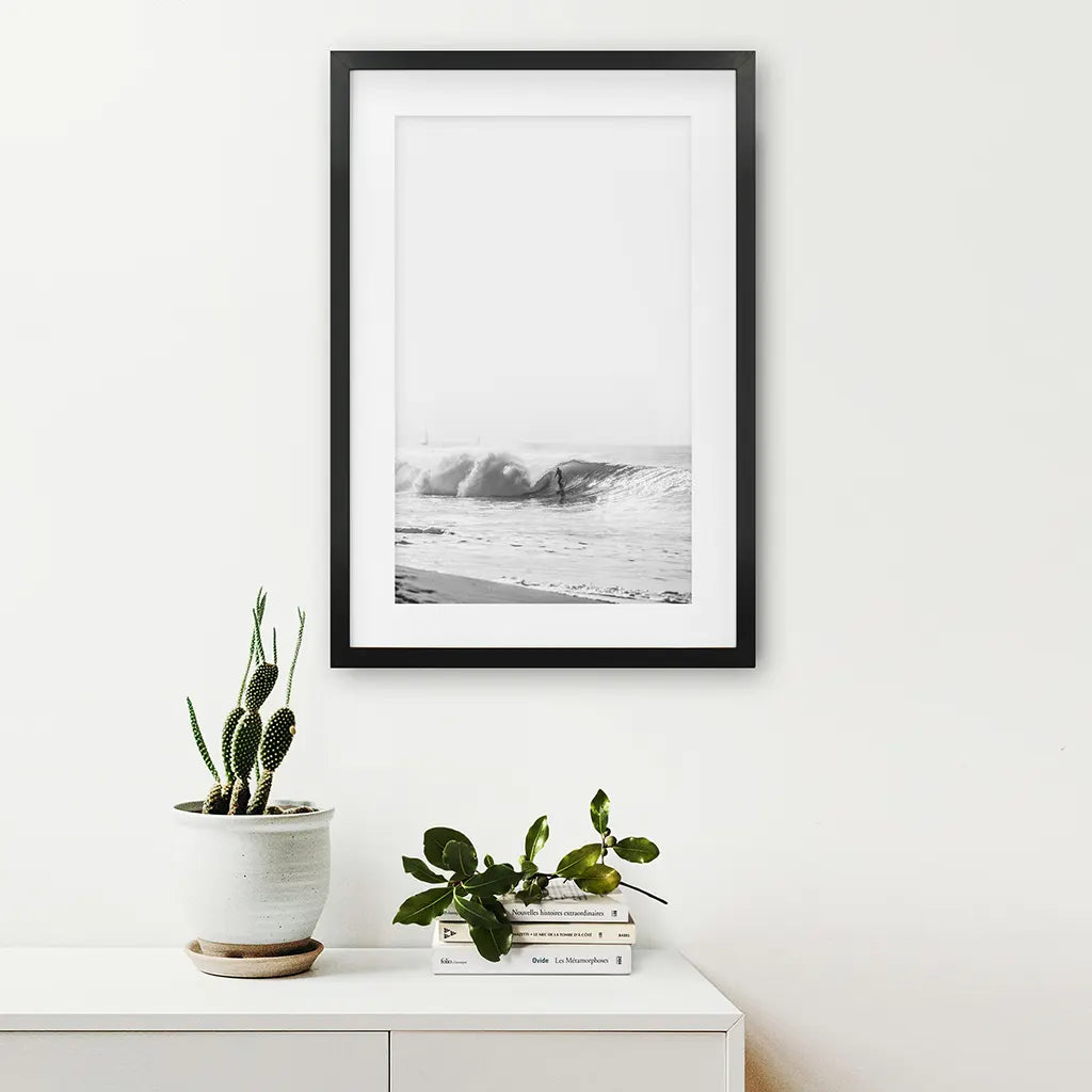 Black White Boho Tropical Wall Decor. Surfer, Waves