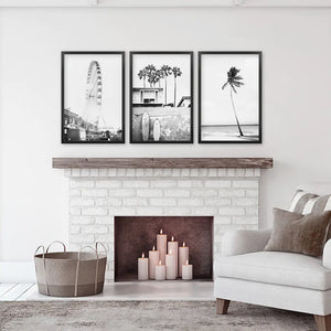 Black White Coastal Wall Art. Ferris Wheel, Surfboards, Palm