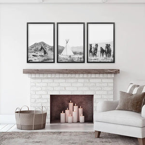 Black White Western Wall Art Set. Desert, Horses, Tepee