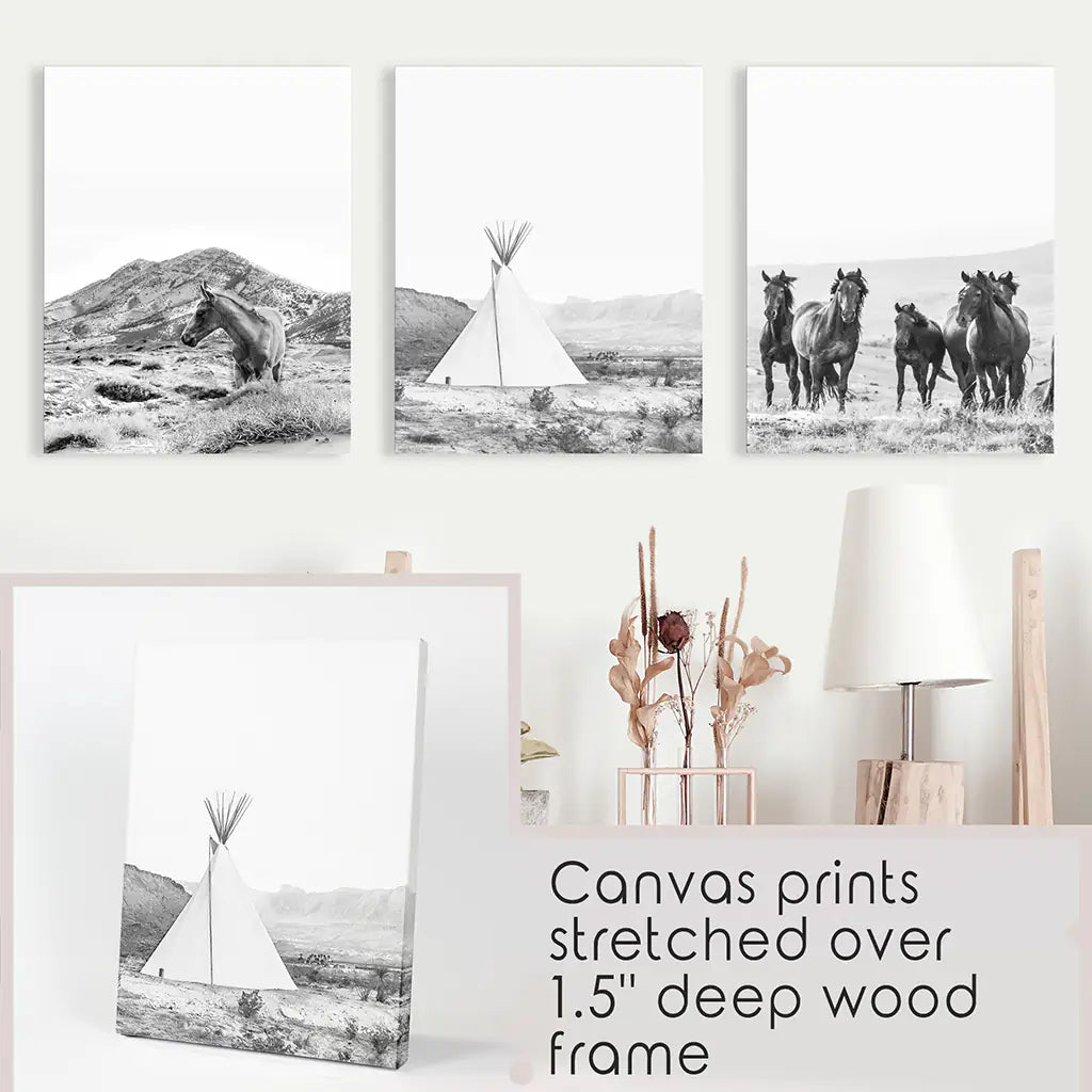 Black White Western Wall Art Set. Desert, Horses, Tepee
