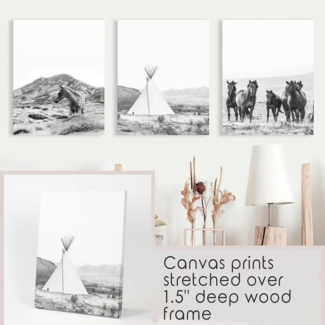Black White Western Wall Art Set. Desert, Horses, Tepee