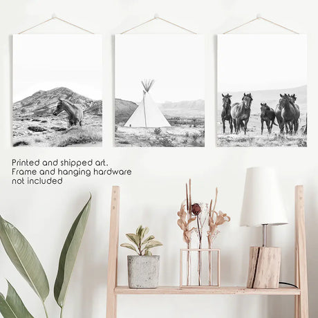 Black White Western Wall Art Set. Desert, Horses, Tepee
