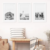 Black White Western Wall Art Set. Desert, Horses, Tepee