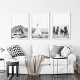 Black White Western Wall Art Set. Desert, Horses, Tepee