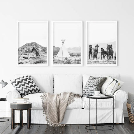 Black White Western Wall Art Set. Desert, Horses, Tepee