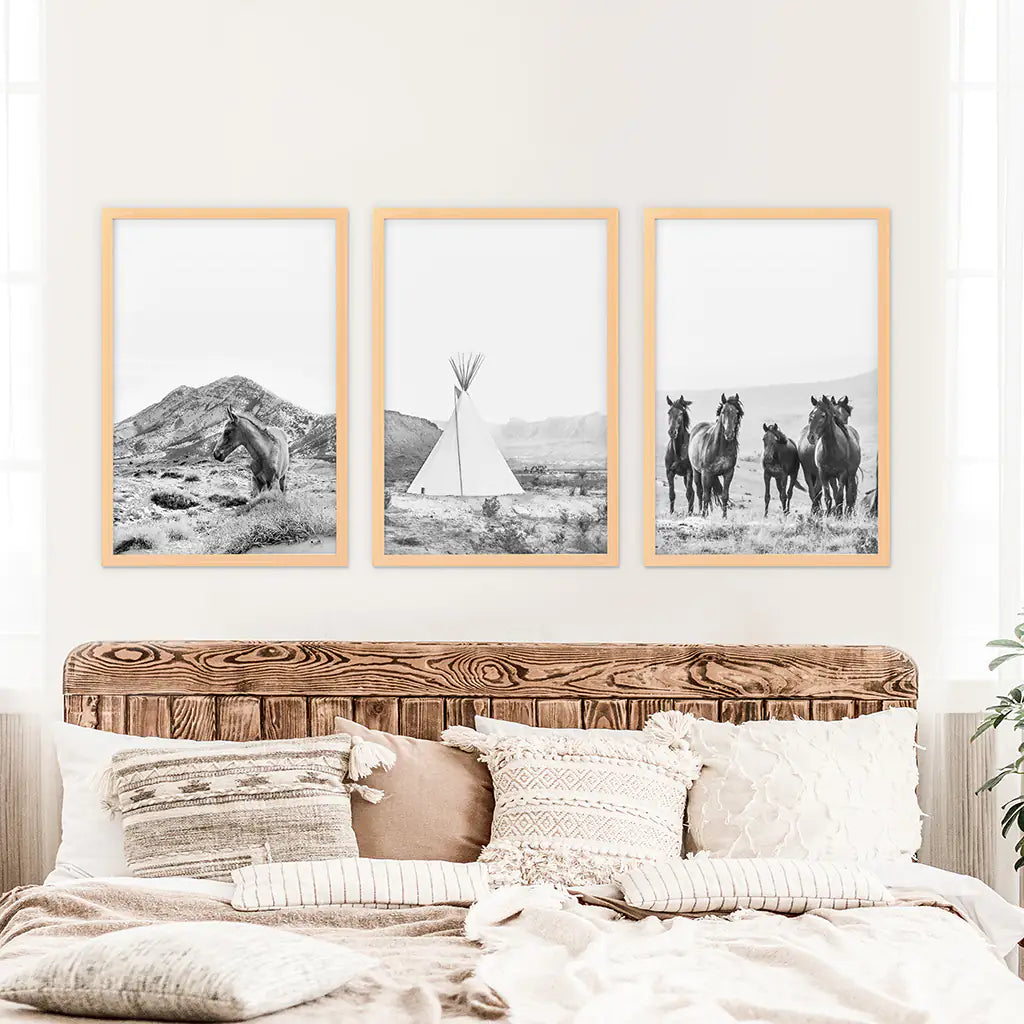 Black White Western Wall Art Set. Desert, Horses, Tepee