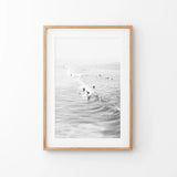 Black White Surfers on the Waves Wall Art Print