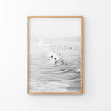 Black White Surfers on the Waves Wall Art Print