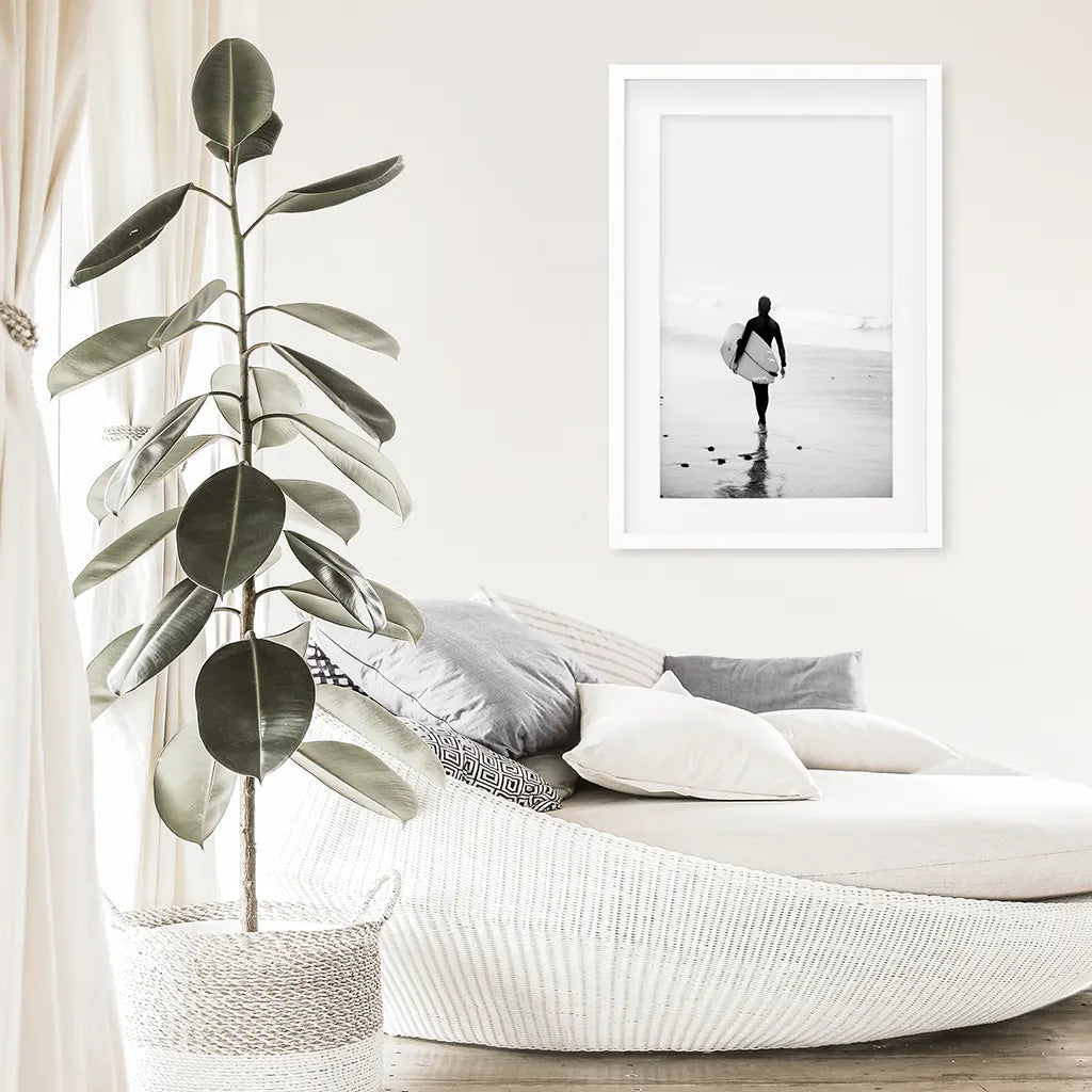 Black White Modern Surfer Photo. Coastal Style Print