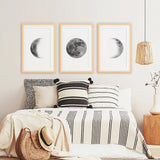 Black White MInimalist Moon Phases Wall Art. Set of 3 Prints