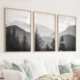 Set of 3 Black White Mountain Forest Prints. Scandi Wall Art