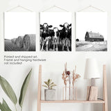 Black White Harvest on a Farm Wall Art. Cow, Hay Bale, Barn