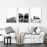 Black White Harvest on a Farm Wall Art. Cow, Hay Bale, Barn