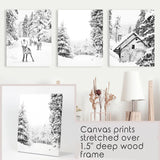 Black White Winter Woodland Wall Art Set. Reindeers, Cabin