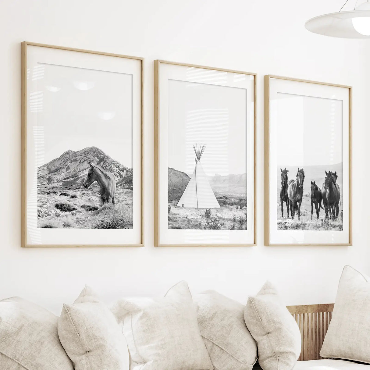 Black White Western Wall Art Set. Desert, Horses, Tepee