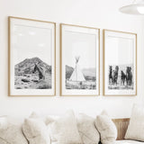 Black White Western Wall Art Set. Desert, Horses, Tepee