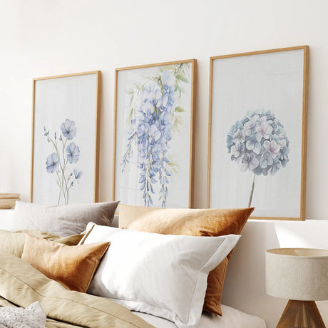 Set of 3 Blue Watercolor Minimalist Flowers Prints