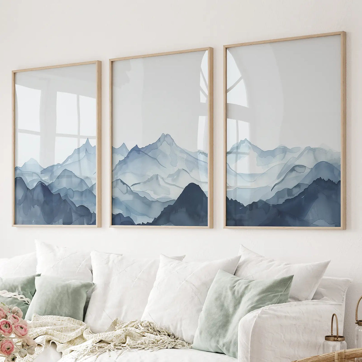Blue Abstract Watercolor Mountain 3 Piece Decor