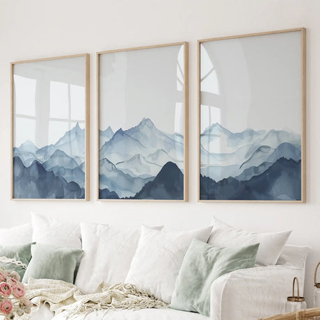 Blue Abstract Watercolor Mountain 3 Piece Decor