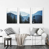 Navy Blue Mountain Forest Triptych. Nordic Landscape Art