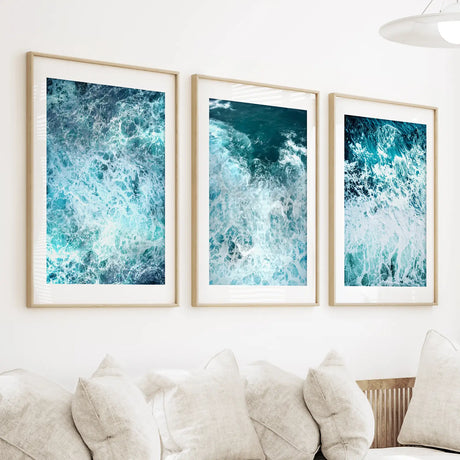 3 Piece Blue Minimalist Ocean Waves Large Wall Decor
