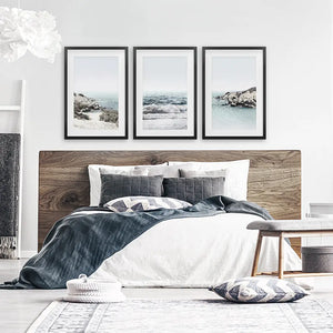 3 Piece Coastal Seascape Set. Blue Waves, Rocky Beach