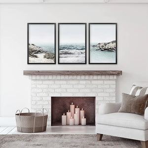 3 Piece Coastal Seascape Set. Blue Waves, Rocky Beach