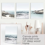 3 Piece Coastal Seascape Set. Blue Waves, Rocky Beach