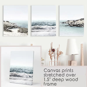 3 Piece Coastal Seascape Set. Blue Waves, Rocky Beach