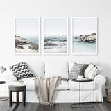 3 Piece Coastal Seascape Set. Blue Waves, Rocky Beach